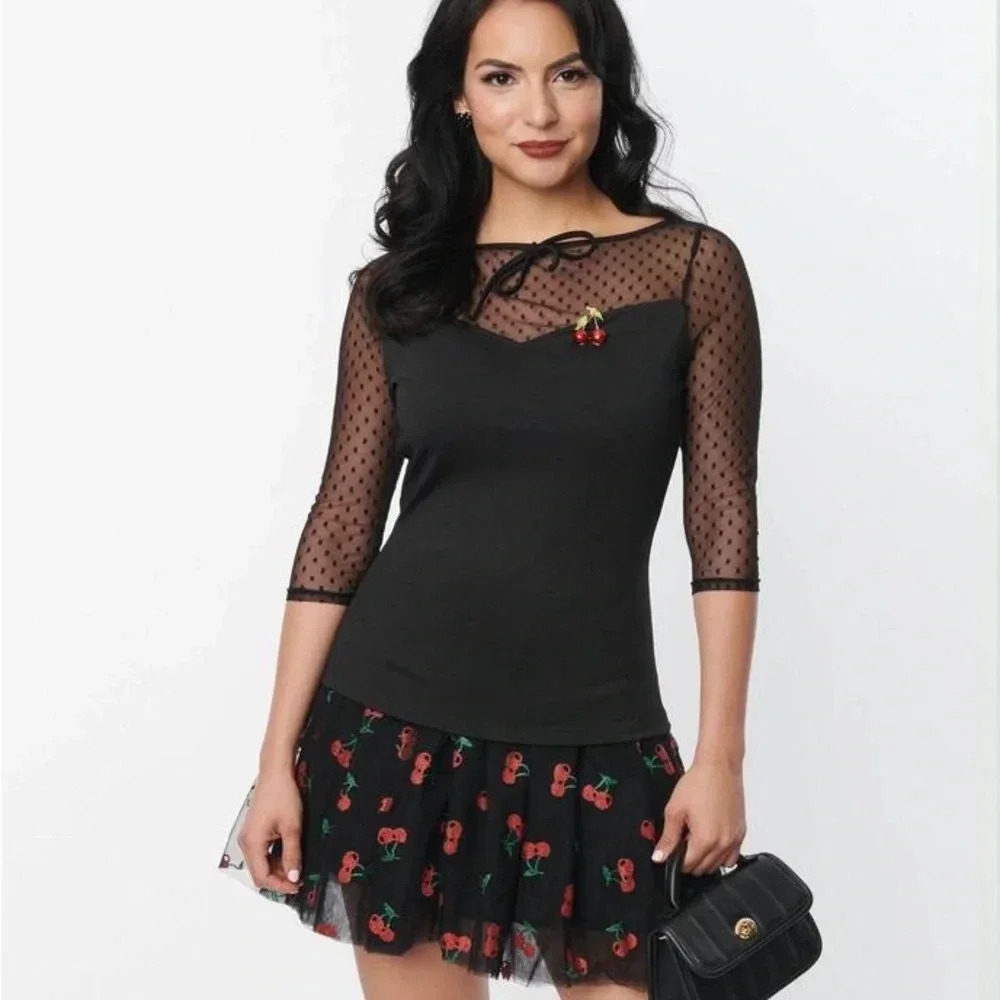 NWOT Unique Vintage Black Mesh Cherry Top